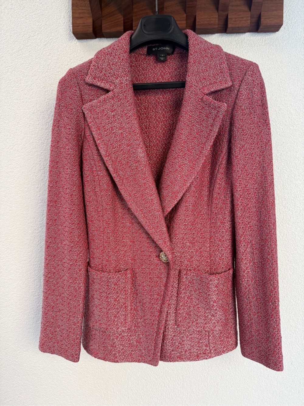 St. John Knit Blazer Red Gray Tweed Gold Button Jacket Size 0 NWOT